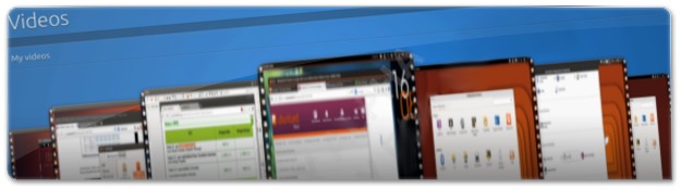 Unity 8 com o coverFlow, apresentando os videos guardados no computador