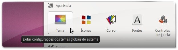 A abrir a secção dos temas no Unity Tweak Tool